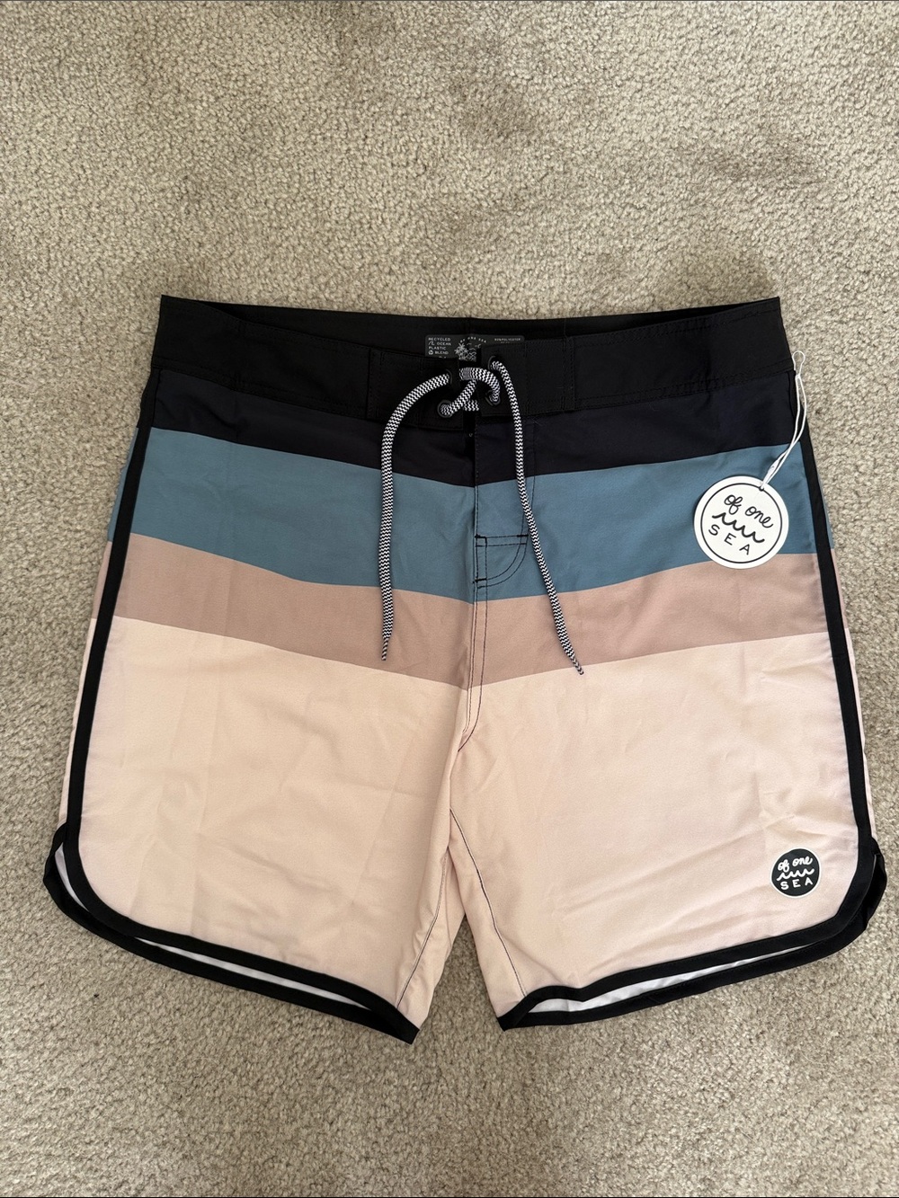 Striped Colorblock Swim Board Shorts - Black Blue Tan